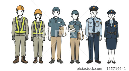 一組描繪建築、物流和安保行業從業人員的插圖。 135714641