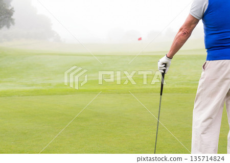 Standing Senior African American man holding club, wearing glove, facing flag on green, copy space 135714824