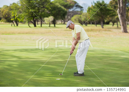 Senior man leaning on putting green lining up putt with putter and white ball, copy space 135714991