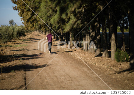 Male jogger running along dirt trail between evergreen trees and shrubs under sunny sky 135715063