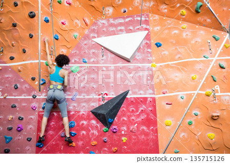 African American woman climbing wall with multicolored holds in gym wearing harness with belay rope 135715126