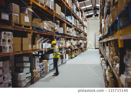 Male warehouse worker wearing safety gear inspecting boxes on rack in aisle, copy space 135715140