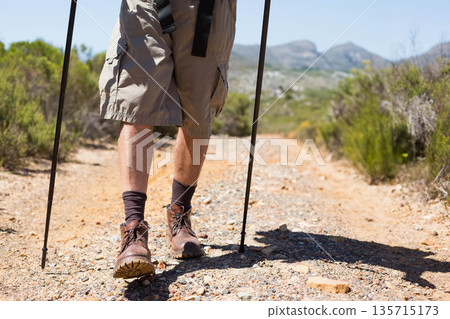Male hiker walking on dirt trail wearing cargo shorts and boots while gripping black trekking poles Male hiker walking on dirt trail wearing cargo shorts and boots while gripping black trekking poles 135715173