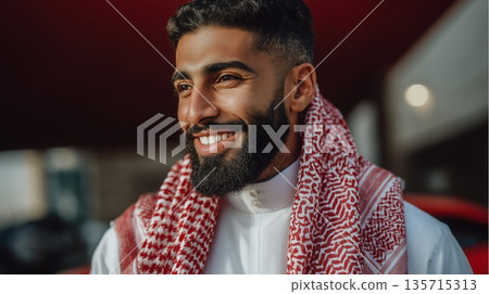 A portrait of a wealthy sheikh in the Emirates, depicting wealth and prosperity, and UAE residents in traditional dress. 135715313