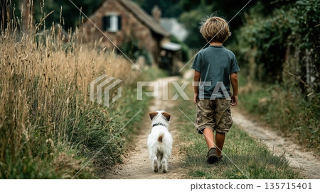 A boy and a dog walking through a village outside the city, fairy-tale characters for a book cover, country life without cars and skyscrapers, clean air 135715401