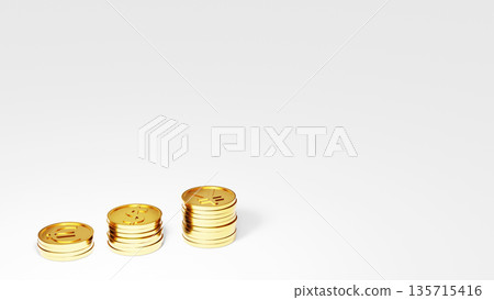 歐元、美元和日圓金幣堆積在白色背景上的左下角，右側是空白區域。這張圖象徵著日圓資產的累積、分期投資和家庭管理。 135715416