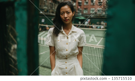 Young beautiful Asian girl on the tennis court, model, white tennis dress, old money, clothing style, girl portrait, tennis game, girl in tennis clothes Wimbledon, copy space 135715510