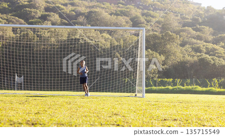 Boy guarding metal soccer goal frame inside net on sunlit grassy pitch by wooded hillside 135715549