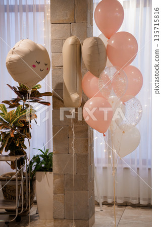 Pink and Beige Balloon Decoration with Smile Face Balloon and Plants in Modern Interior Setting 135715816
