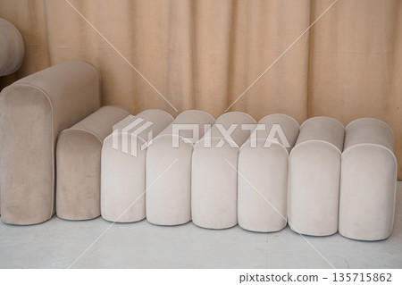 Modern Minimalist Beige Velvet Sofa With Geometric Segmented Design in Neutral Living Room Setting Modern Minimalist Beige Velvet Sofa With Geometric Segmented Design in Neutral Living Room Setting 135715862