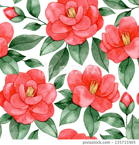 Watercolor illustration seamless pattern of pink camellia flowers. Watercolor illustration seamless pattern of pink camellia flowers. 135715905