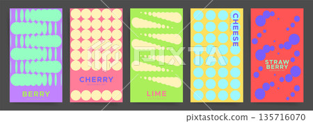 Abstract poster design set, colorful circle pattern vector background, modern graphic art cover templates for summer spring exhibition, product banner brochure, vertical geometric layouts with fruits 135716070