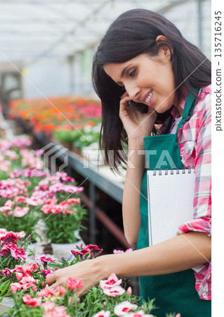Adult female inspecting pink blooms in nursery with green apron, holding phone, notepad, copy space Adult female inspecting pink blooms in nursery with green apron, holding phone, notepad, copy space 135716245