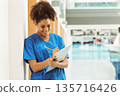 African American woman leaning on column in clinic in blue scrubs writing on clipboard with pencil 135716426