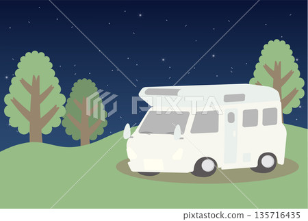 Illustration of a camper parked in the mountains at night 135716435