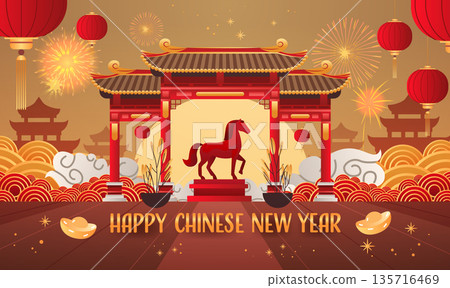 Fire Horse Chinese New Year 2026 celebration traditional red gate horse statue fireworks lanterns gold ingots festive background Fire Horse Chinese New Year 2026 celebration traditional red gate horse statue fireworks lanterns gold ingots festive background 135716469