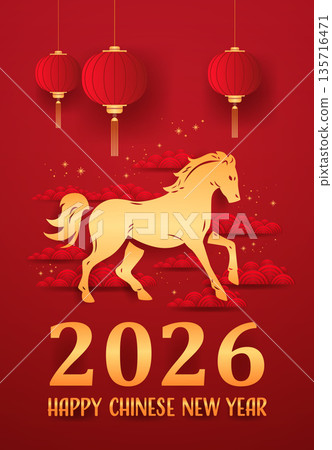 Fire Horse Chinese New Year 2026 red lanterns golden clouds festive background traditional Asian art 135716471