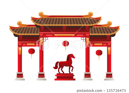 Fire Horse Chinese New Year 2026 celebration traditional red gate lanterns horse statue festive architecture isolated on white Fire Horse Chinese New Year 2026 celebration traditional red gate lanterns horse statue festive architecture isolated on white 135716473