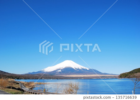 The majestic Mount Fuji between the blue sky and Lake Yamanaka The majestic Mount Fuji between the blue sky and Lake Yamanaka 135716639