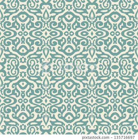 Teal Ornamental Seamless Pattern Background Illustration in Vintage Baroque Style, Surface Pattern for Fabric and Wallpaper 135716697