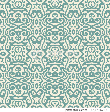 Teal Ornamental Seamless Pattern Background Illustration in Vintage Baroque Style, Surface Pattern for Fabric and Wallpaper 135716705