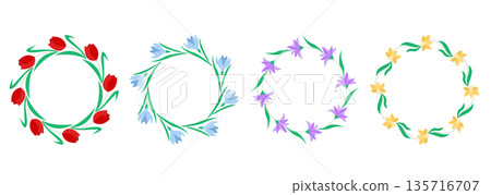 Botanical wreaths of daffodils, tulips, cornflowers and crocuses Botanical wreaths of daffodils, tulips, cornflowers and crocuses 135716707