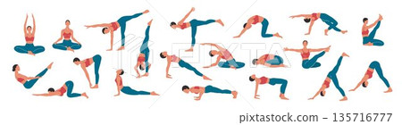 Comprehensive yoga poses collection in flat style. 135716777