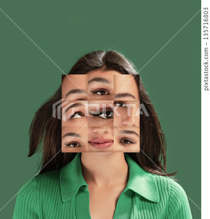 Expressive mixed media fragmented female face portrait on pink background. Expressive mixed media fragmented female face portrait on pink background. 135716803