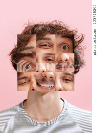 Vibrant artwork fragmented female face portrait on yellow background. 135716805