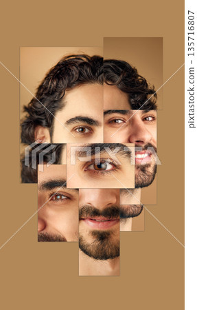 Modern poster fragmented male face portrait on beige background. 135716807