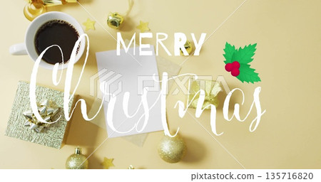 Merry Christmas text image over festive decorations on yellow background Merry Christmas text image over festive decorations on yellow background 135716820