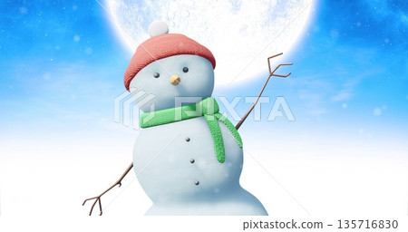 Image of snow falling over snowman waving hand 135716830