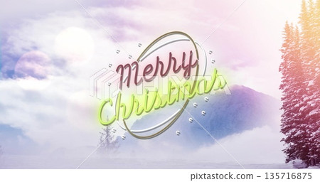 Image of merry christmas text over winter landscape Image of merry christmas text over winter landscape 135716875