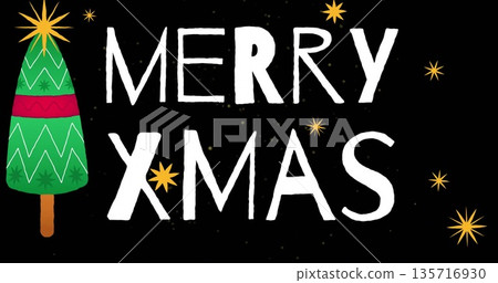 Image of merry smas text over christmas decoration on black background Image of merry smas text over christmas decoration on black background 135716930