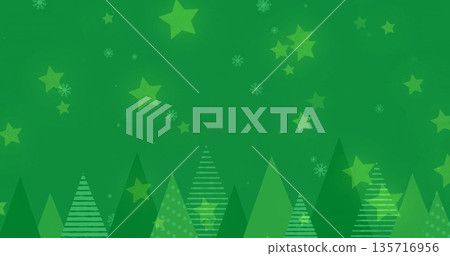 Image of stars and snow falling over fir trees on green background Image of stars and snow falling over fir trees on green background 135716956