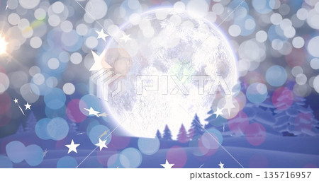 Image of stars and light spots over winter landscape with trees and moon at christmas Image of stars and light spots over winter landscape with trees and moon at christmas 135716957