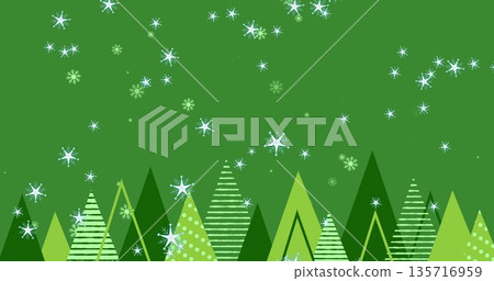 Image of snow falling over christmas trees on green background Image of snow falling over christmas trees on green background 135716959