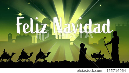 Image of feliz navidad text over silhouette of nativity scene Image of feliz navidad text over silhouette of nativity scene 135716964