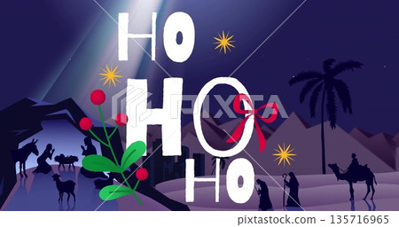 Image of ho text over silhouette of nativity scene Image of ho text over silhouette of nativity scene 135716965