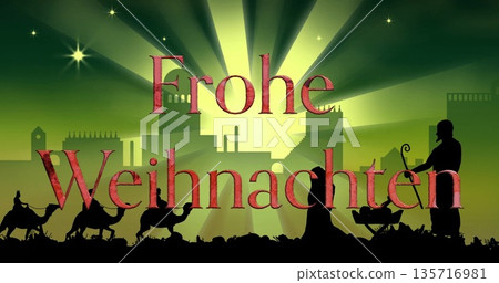 Image of frohe weinhnachten text over three kings with nativity scenery Image of frohe weinhnachten text over three kings with nativity scenery 135716981