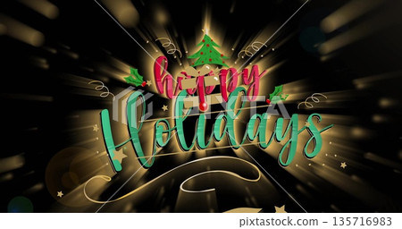 Image of happy holidays text over christmas decorations on black background Image of happy holidays text over christmas decorations on black background 135716983