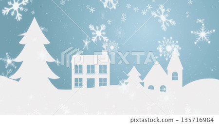 Image of snow falling over christmas winter scenery on blue background Image of snow falling over christmas winter scenery on blue background 135716984