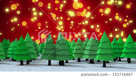 Image of glowing spot lights over christmas trees in winter scenery Image of glowing spot lights over christmas trees in winter scenery 135716987