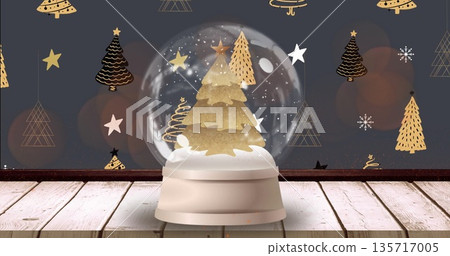 Image of snow globe and christmas trees over light spot Image of snow globe and christmas trees over light spot 135717005
