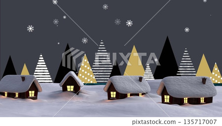 Image of snow falling over houses and winter landscapes Image of snow falling over houses and winter landscapes 135717007