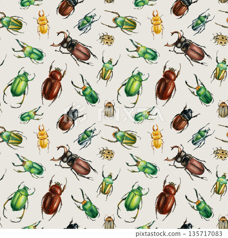 Watercolor beetle pattern with scarab stag rhinoceros and striped beetles on beige background for textile and wallpaper Watercolor beetle pattern with scarab stag rhinoceros and striped beetles on beige background for textile and wallpaper 135717083