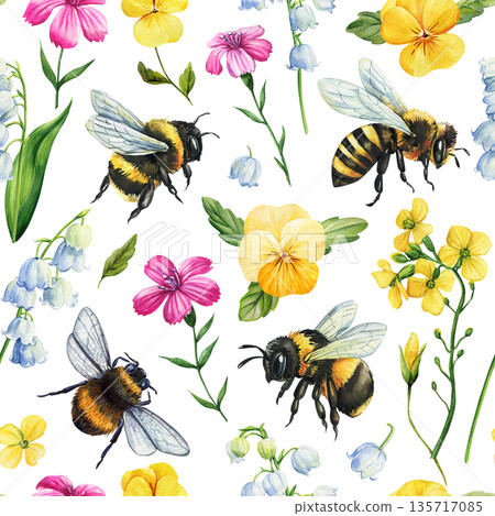 Watercolor bee pattern with bumblebees pansy lily of the valley bluebells and mustard flowers on white background 135717085