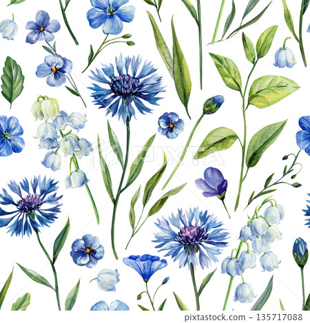 Blue cornflower watercolor pattern with bluebells flax flowers and leaves on white background for spring fabric and wallpaper 135717088