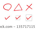 Circle, triangle, cross, check mark written with pen 135717115