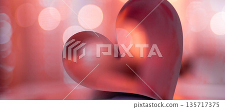 Romantic red Valentine Day heart from folded book pages, warm blur bokeh lights background, panoramic love banner wallpaper, elegant holiday romance decoration 135717375